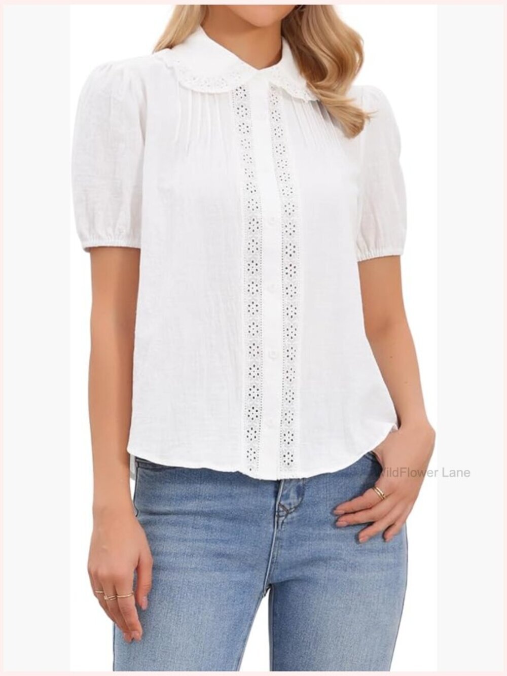 Short Sleeve Cotton Blouse with Peter Pan Collar and Crochet Panel
